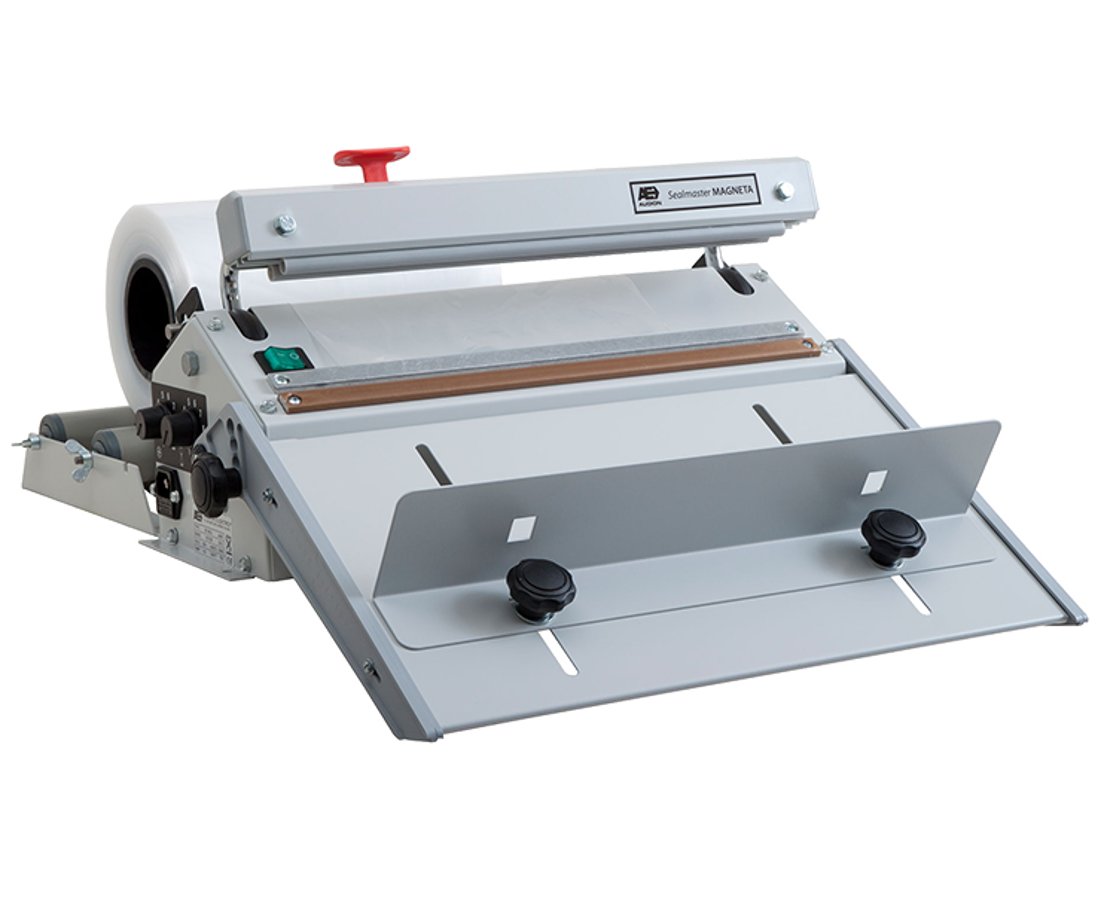 Audion Sealmaster Magneta impulse bar sealer with the magnetically held arm raised over the PTFE-covered sealing bar