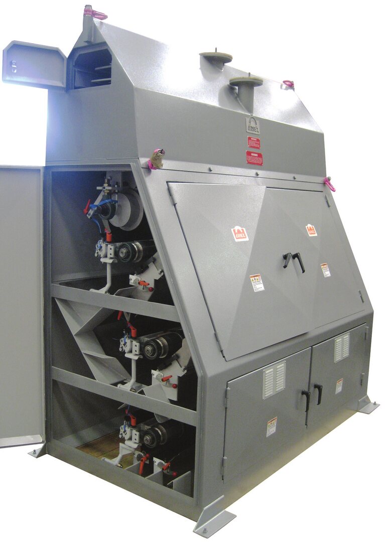 Three stage rare earth roll magnetic separator with the access door open, showing the three magnetic rolls and their feed belts stacked above the discharge chutes