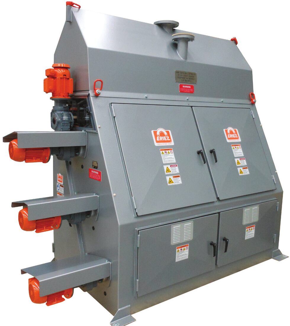 Eriez three stage rare earth roll magnetic separator, closed cabinet with the three product discharge chutes down the left hand side