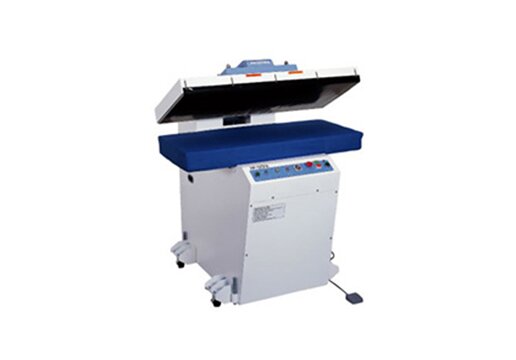 Hashima HP-125FA fully automatic flat fusing press on its pedestal stand with the heated head raised above the padded bed and a foot pedal at the base