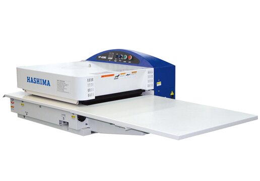 Hashima HP-450MS compact fusing press in blue and white with the outfeed table extended and the HP-450MS badge on the control head