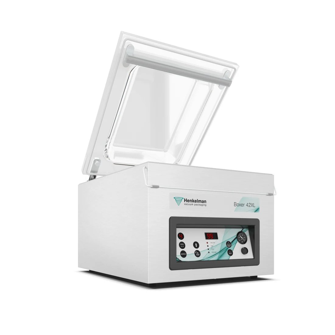 Henkelman Boxer 42XL table-top vacuum chamber machine with the acrylic lid raised over the chamber and its seal bar