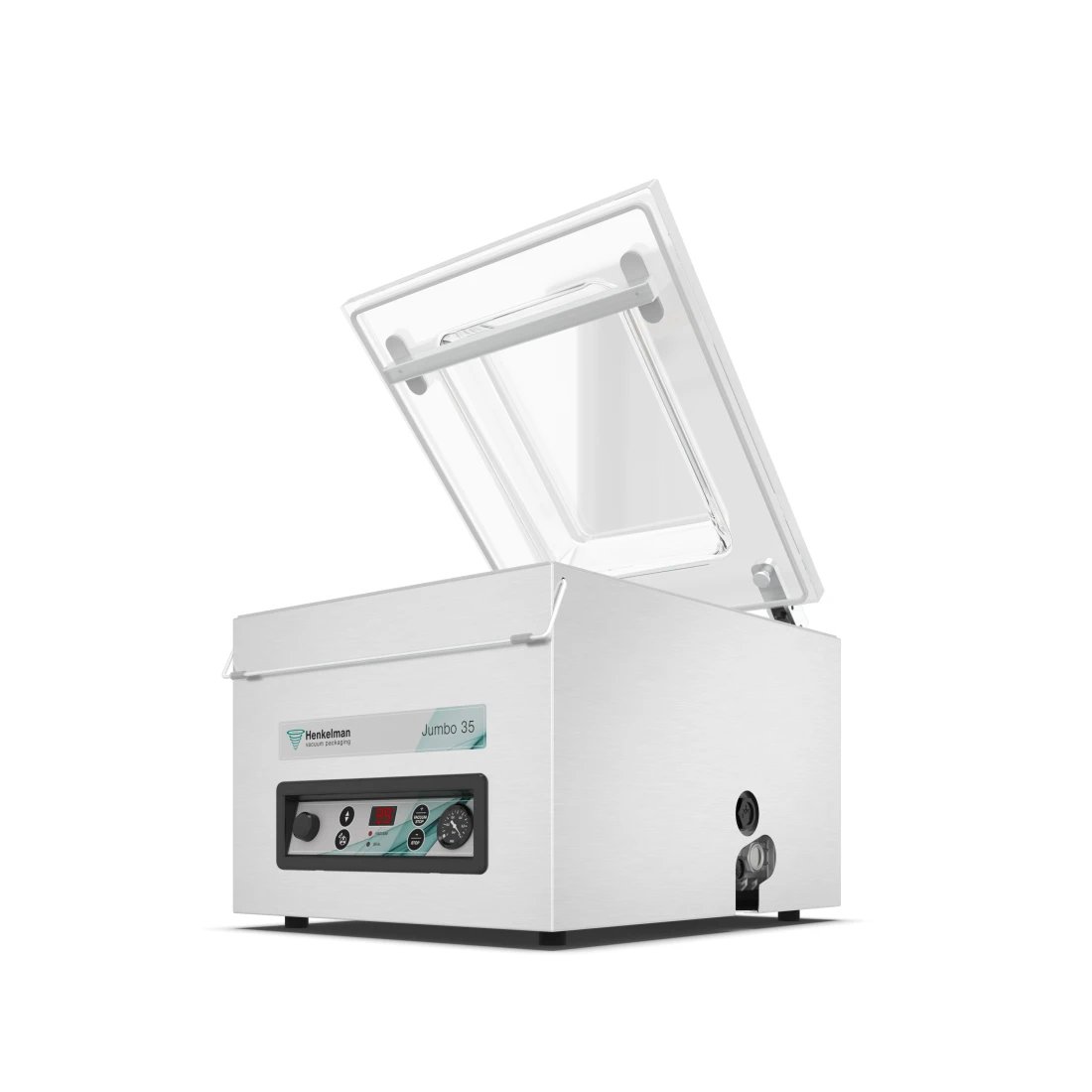 Henkelman Jumbo 35 table-top vacuum chamber machine with the lid open, showing the seal bar that carries the PTFE cover tape