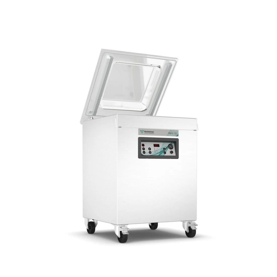 Henkelman Marlin floor-standing vacuum chamber machine on castors with the lid raised, pictured as the Marlin 50