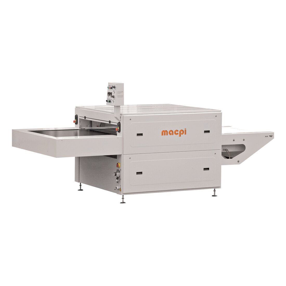 Macpi 327.00 continuous fusing machine for shirt collars and cuffs, cream body with the loading belt extended and the macpi badge on the side panel