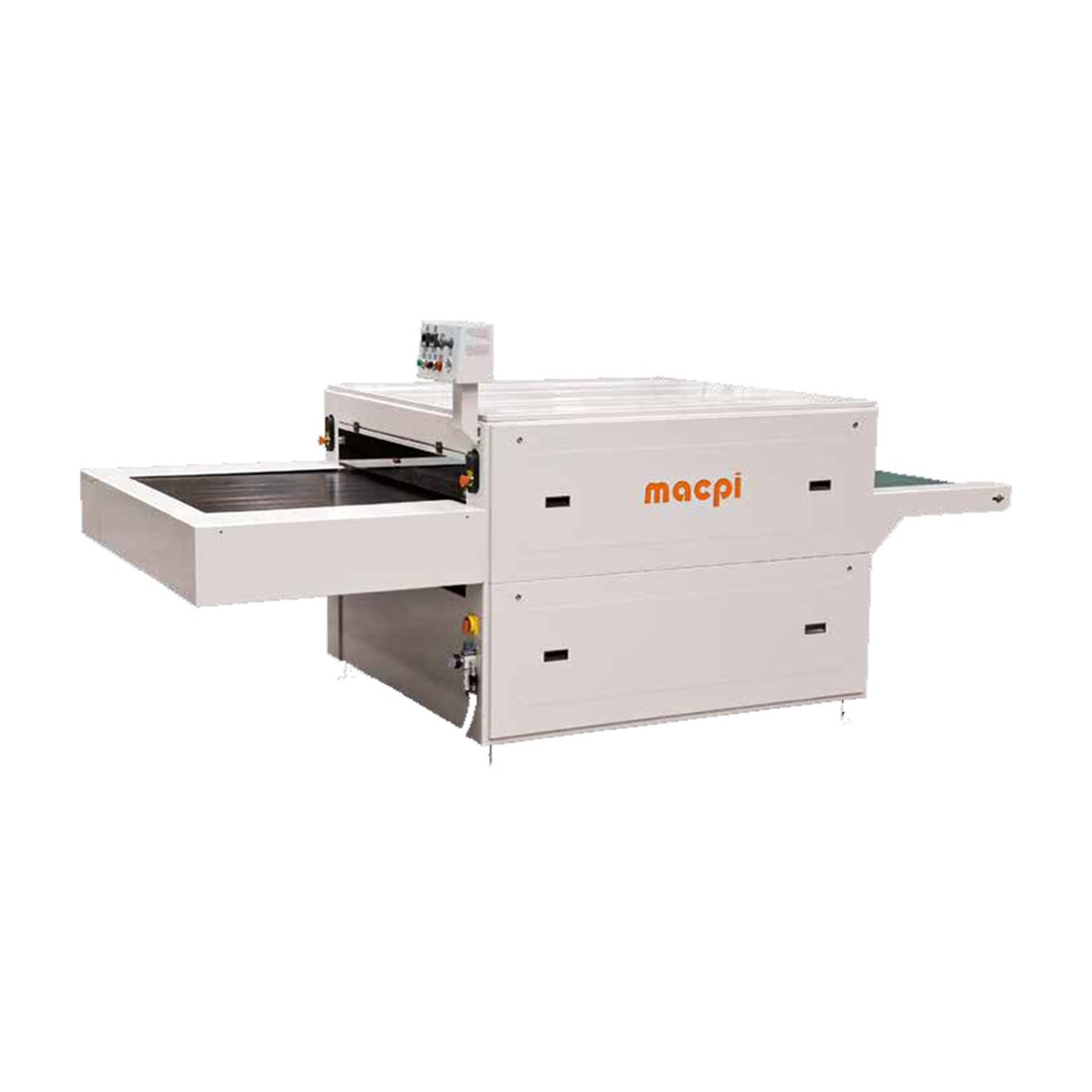 Macpi 331 continuous fusing machine in cream with the loading belt at the left, the heated body in the centre and the macpi badge on the side panel
