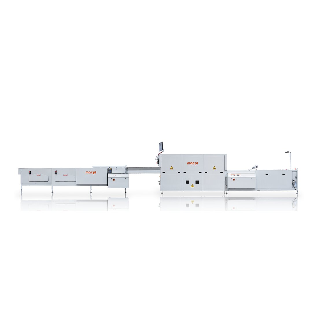 Macpi continuous fusing line photographed end on, loading section, heated body and unloading section in a row, each carrying the macpi badge