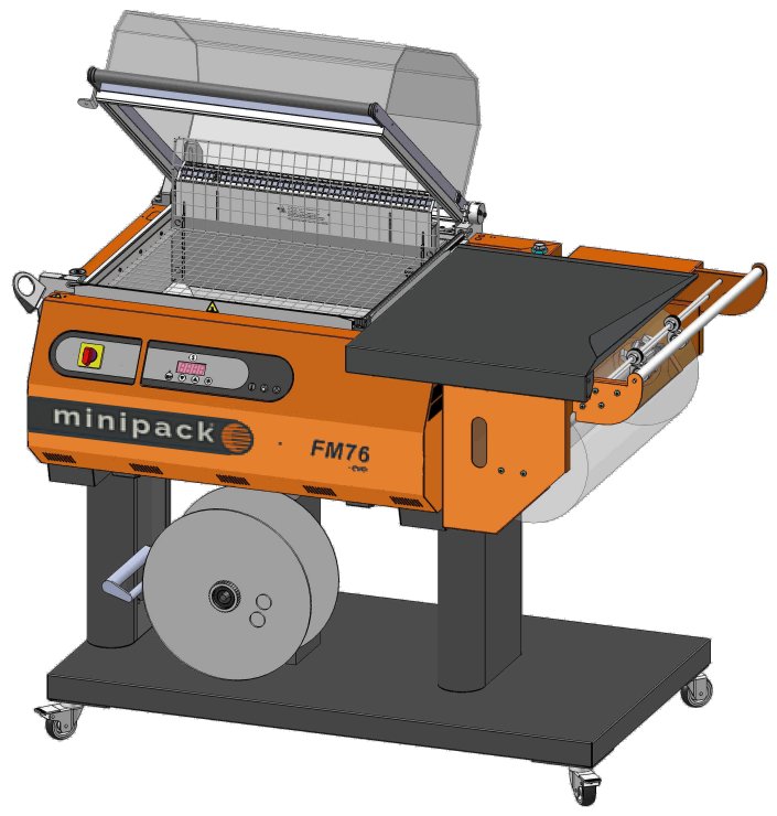 Minipack-Torre FM76 EVO bell-type shrink sealer with the hood raised above the sealing frame and its PTFE-covered seal blade