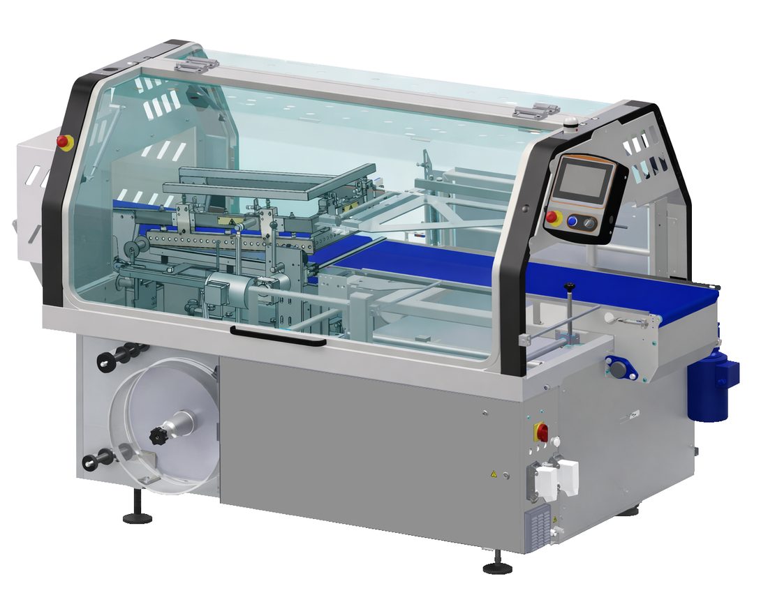 Minipack-Torre Pratika 56 MPE X2 automatic L-sealer and shrink tunnel behind its clear machine guarding