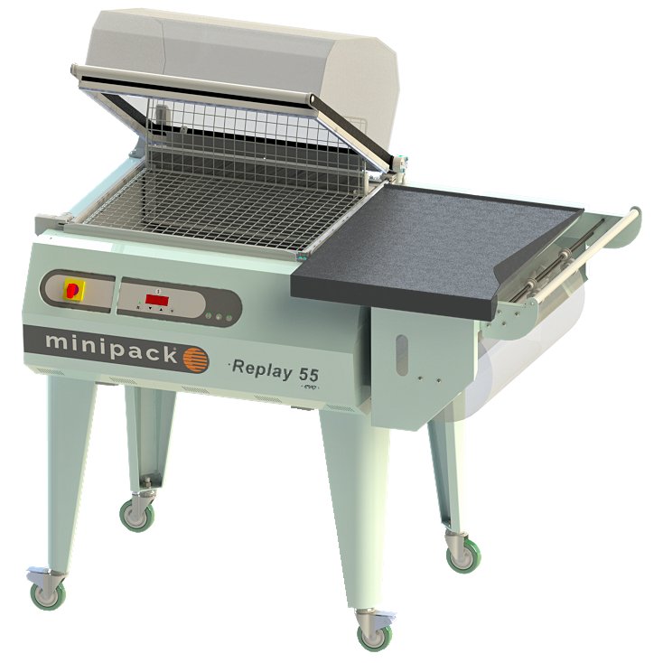 Minipack-Torre Replay 55 EVO automatic bell-type shrink sealer on its stand with the sealing chamber open