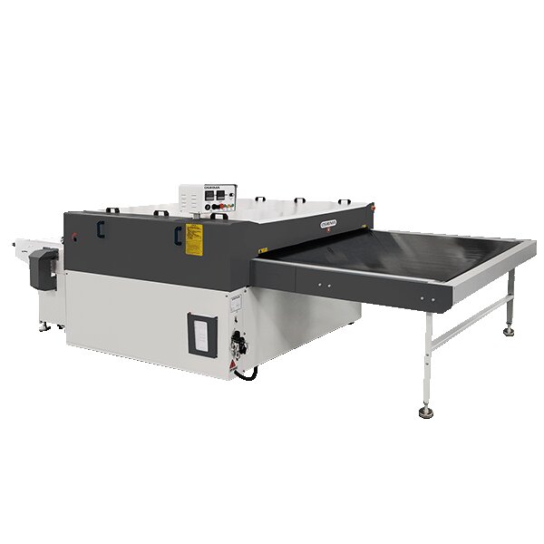 Oshima large format continuous fusing machine with a wide heated section and full width belt outfeed table, OSHIMA badge on the body