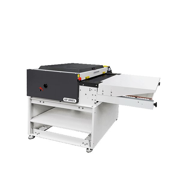 Oshima OP-600FA continuous fusing machine in dark grey and white with the outfeed table extended and the OP-600FA badge on the front panel