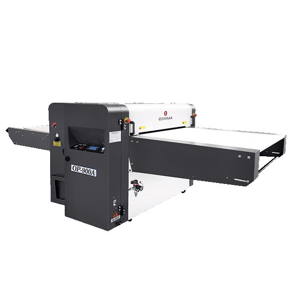 Oshima OP-900A continuous fusing machine in dark grey with the belt outfeed table extended and the OP-900A badge on the front of the body