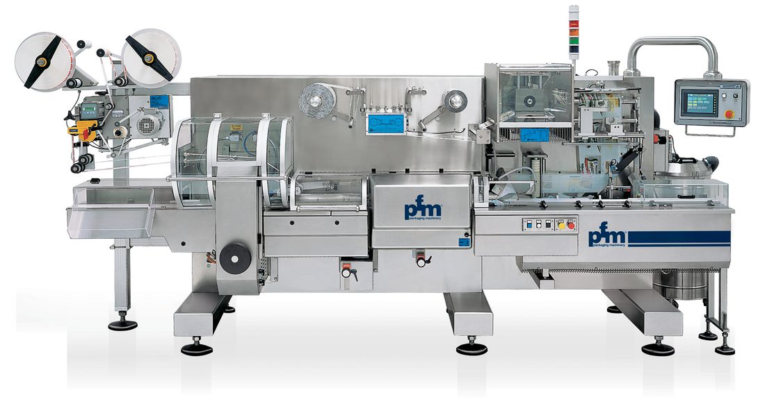 PFM Scirocco horizontal flow wrapper with twin film reels and the control panel on the operator side