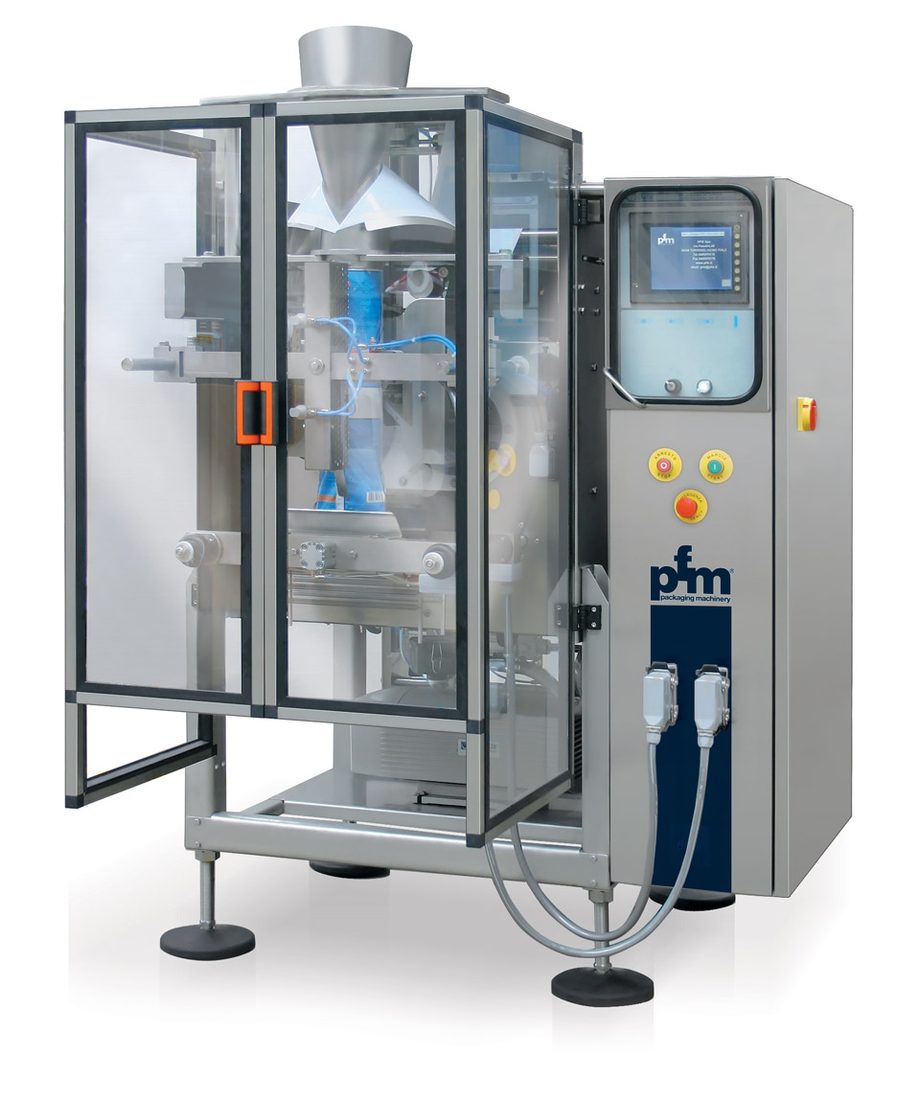PFM Zenith vertical form-fill-seal bagger with the guard door open on the forming tube and sealing jaws