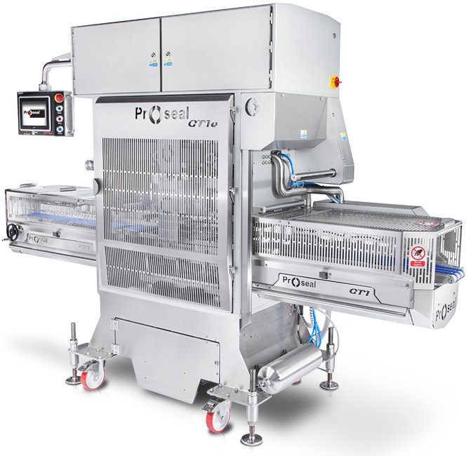 Proseal GT1e automatic inline traysealer on castors with the tooling enclosure raised above the conveyors