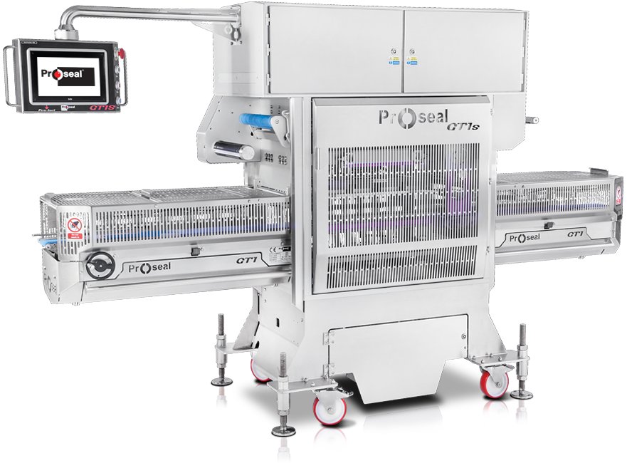 Proseal GT1s automatic inline traysealer with infeed and outfeed conveyors either side of the sealing head