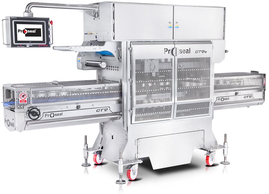 Proseal GT2s automatic inline traysealer with the GT2 conveyors and the touchscreen on its swing arm