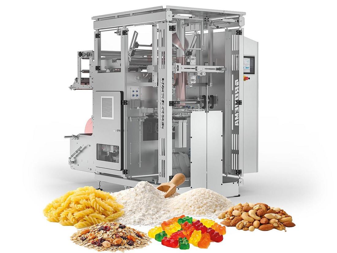 Rovema BV Core 260 vertical form-fill-seal bagger with the forming tube and sealing jaws behind the open guard