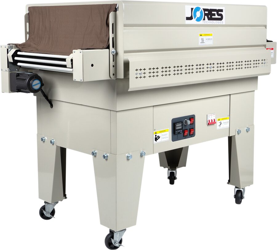 Technopack E-TUN-4525-H shrink tunnel, the heat curtain over the roller conveyor at the infeed