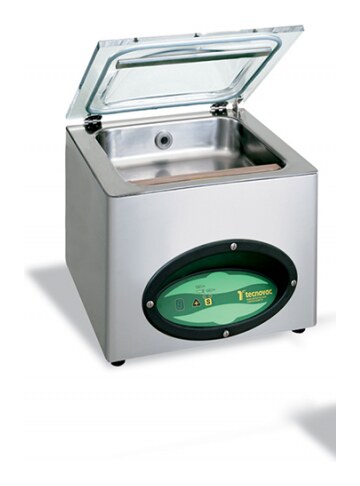 Tecnovac T60 table-top chamber vacuum machine in stainless steel with the glass lid raised and the seal bar across the front of the chamber